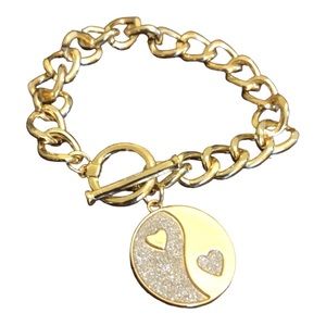 7" Toggle Closure Link Bracelet with Yin Yang Charm Women's Gold Tone